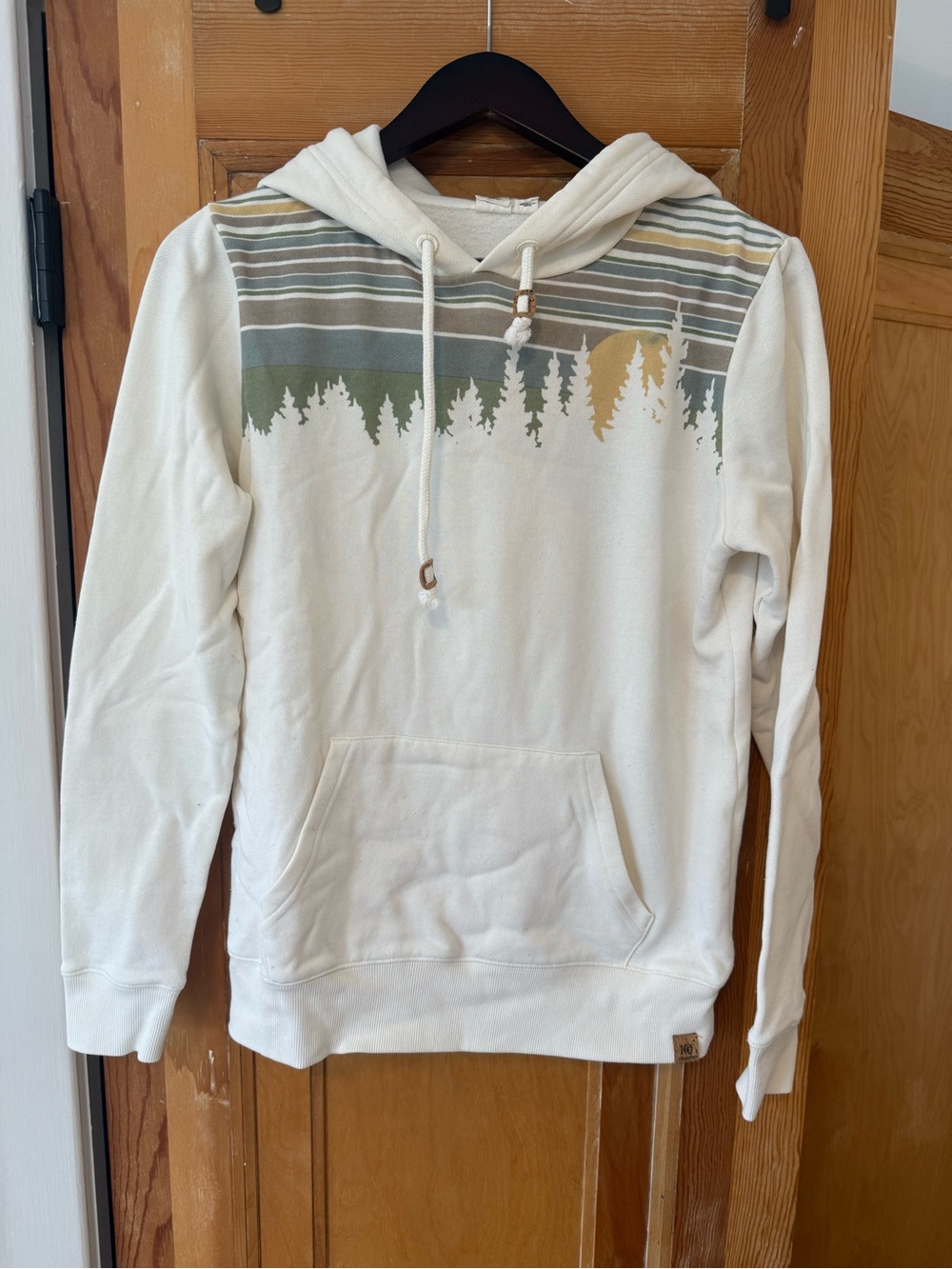 tentree Cream Hoodie with Green and Gold Forest Stripe Juniper